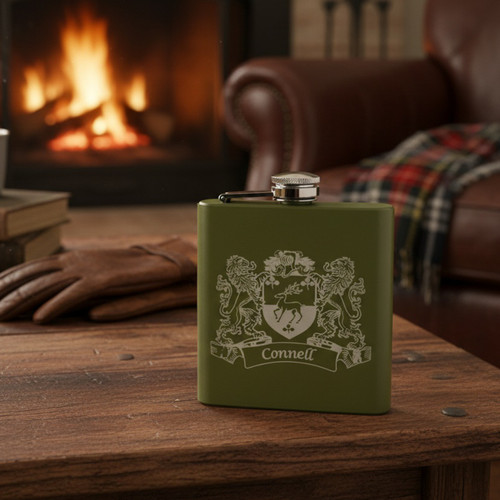 Army Green Irish Coat of Arms Flask | Irish Rose Gifts