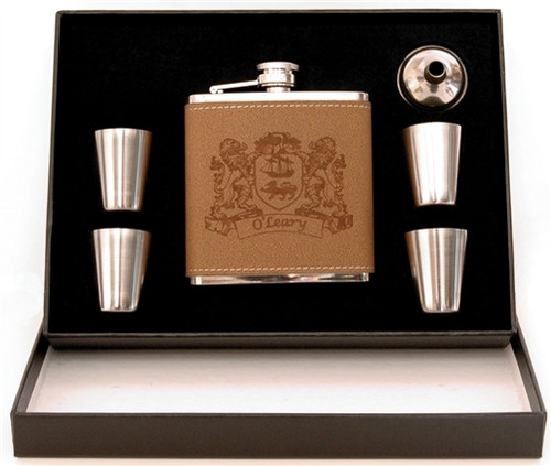 Irish Coat of Arms 5-Piece Leather Flask Box Set | Irish Rose Gifts