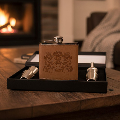 Irish Coat of Arms 5-Piece Leather Flask Box Set | Irish Rose Gifts