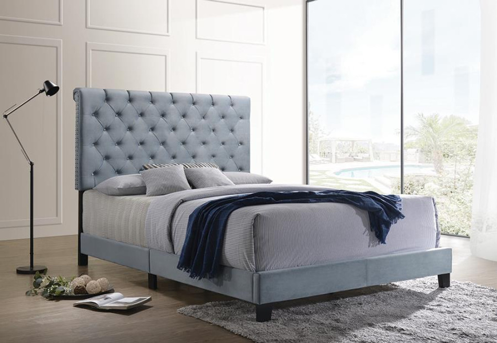 Acrobatiek negeren hotel The Warner Slate Blue Velvet Upholstered Bed - Miami Direct Furniture