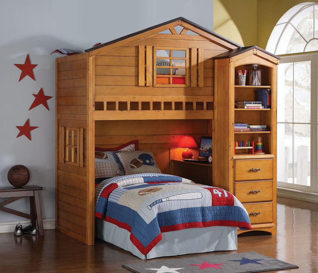 loft bed with bookshelves