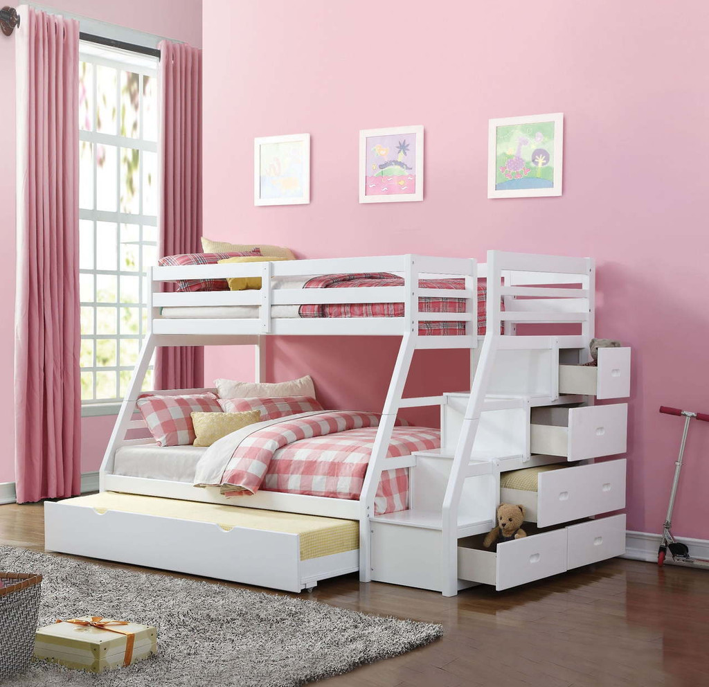 pink and white bunk beds