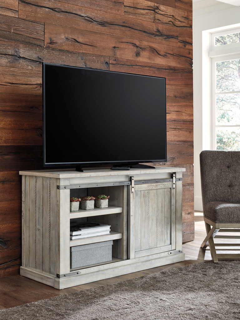 Whitewash farmhouse shop tv stand