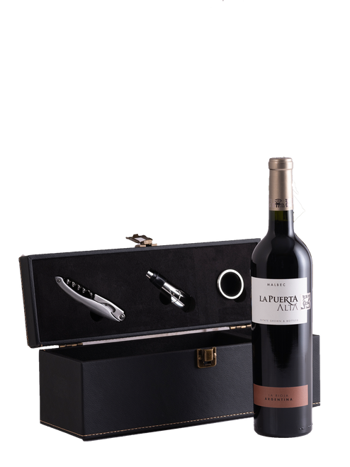 La Puerta Alta Malbec in VM Antique Finish Leatherette Wine Box + 3 Accessories