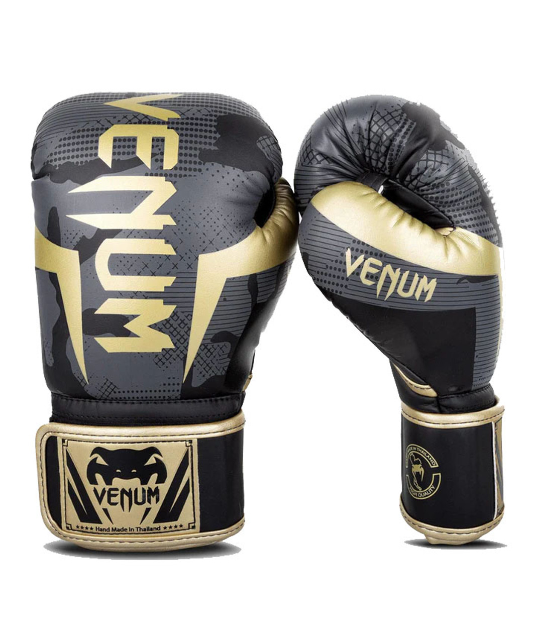 VENUM ELITE BOXING GLOVES - DARK CAMO/GOLD