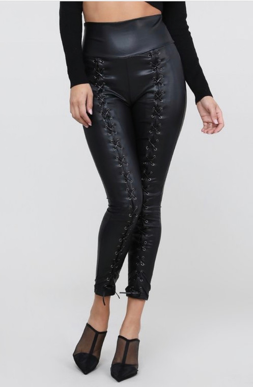 High Waist Lace Up Faux Leather Leggings