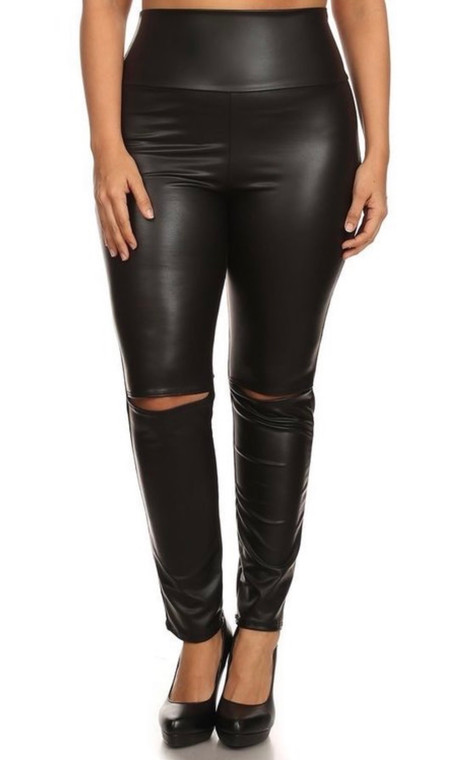 Plus Size Faux Leather Cut Out Knee Leggings