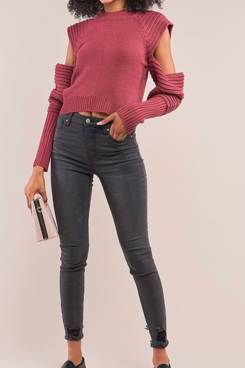 Cranberry Cold Shoulder Sweater