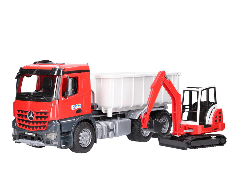 Bruder Mercedes Benz Arocs Truck with Roll-Off Container and Schaeff HR16 Mini Excavator (03624)