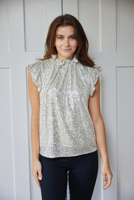 Sequin Ruffle Neck Blouse- Monkee's Exclusive