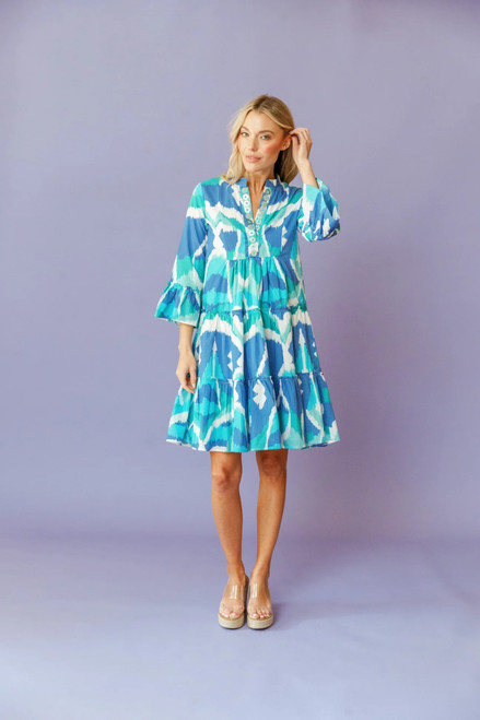 Caty Dress in Cerulean Watercolor Ikat