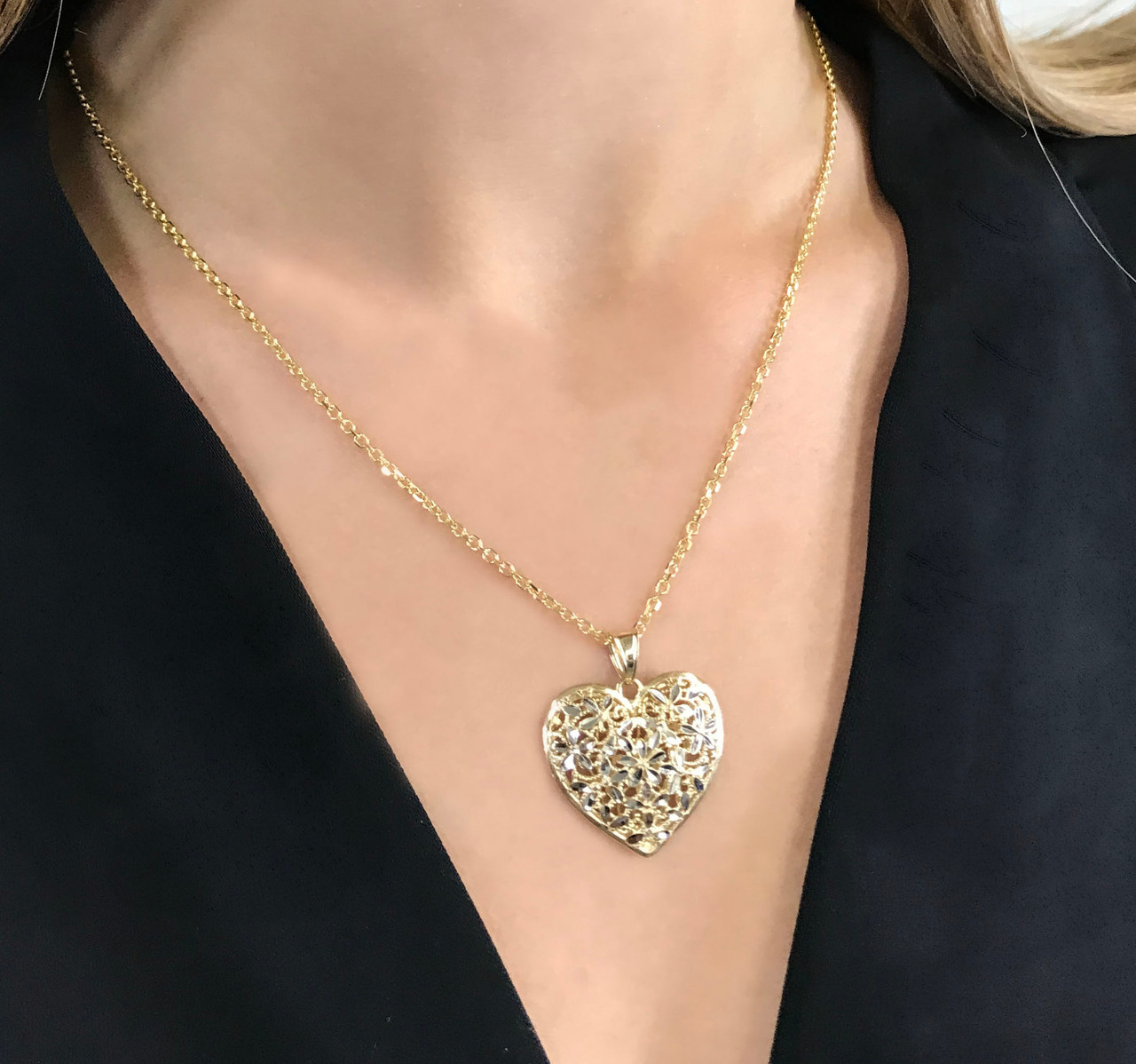 14kt gold diamond cut filigree heart necklace