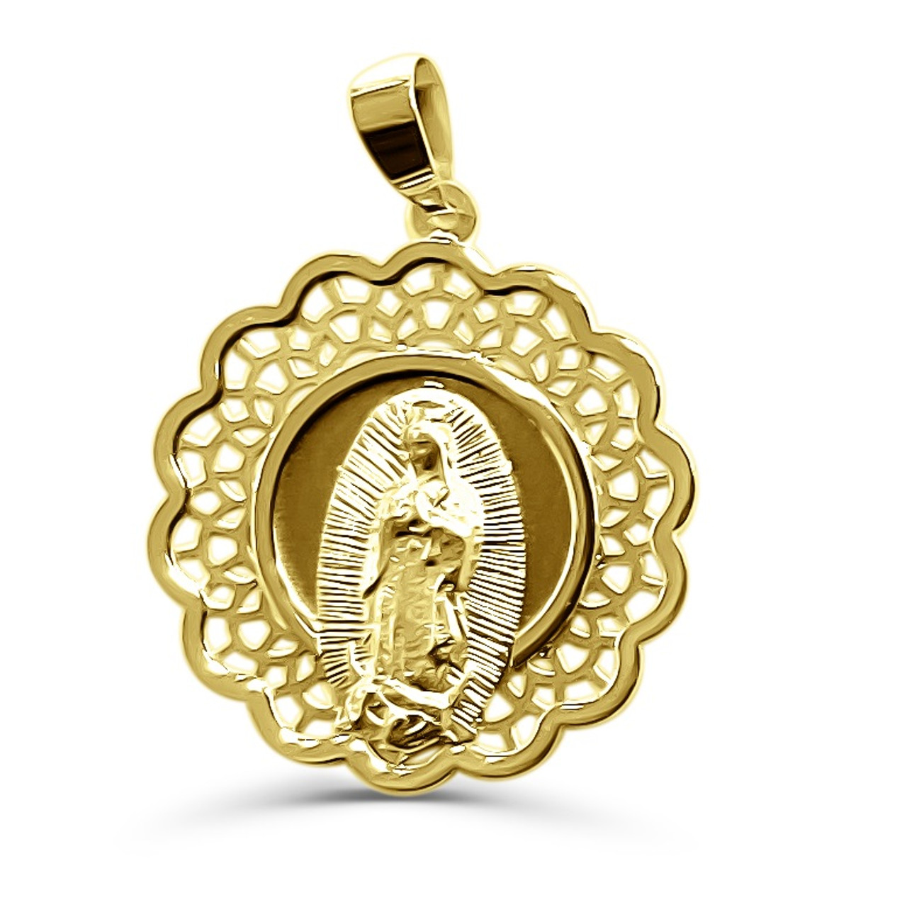 14KT Yellow Gold Virgin Mary Miraculous Medal Our Lady Of Guadalupe Pendant  Necklace Religious Jewelry Gifts Filigree Design