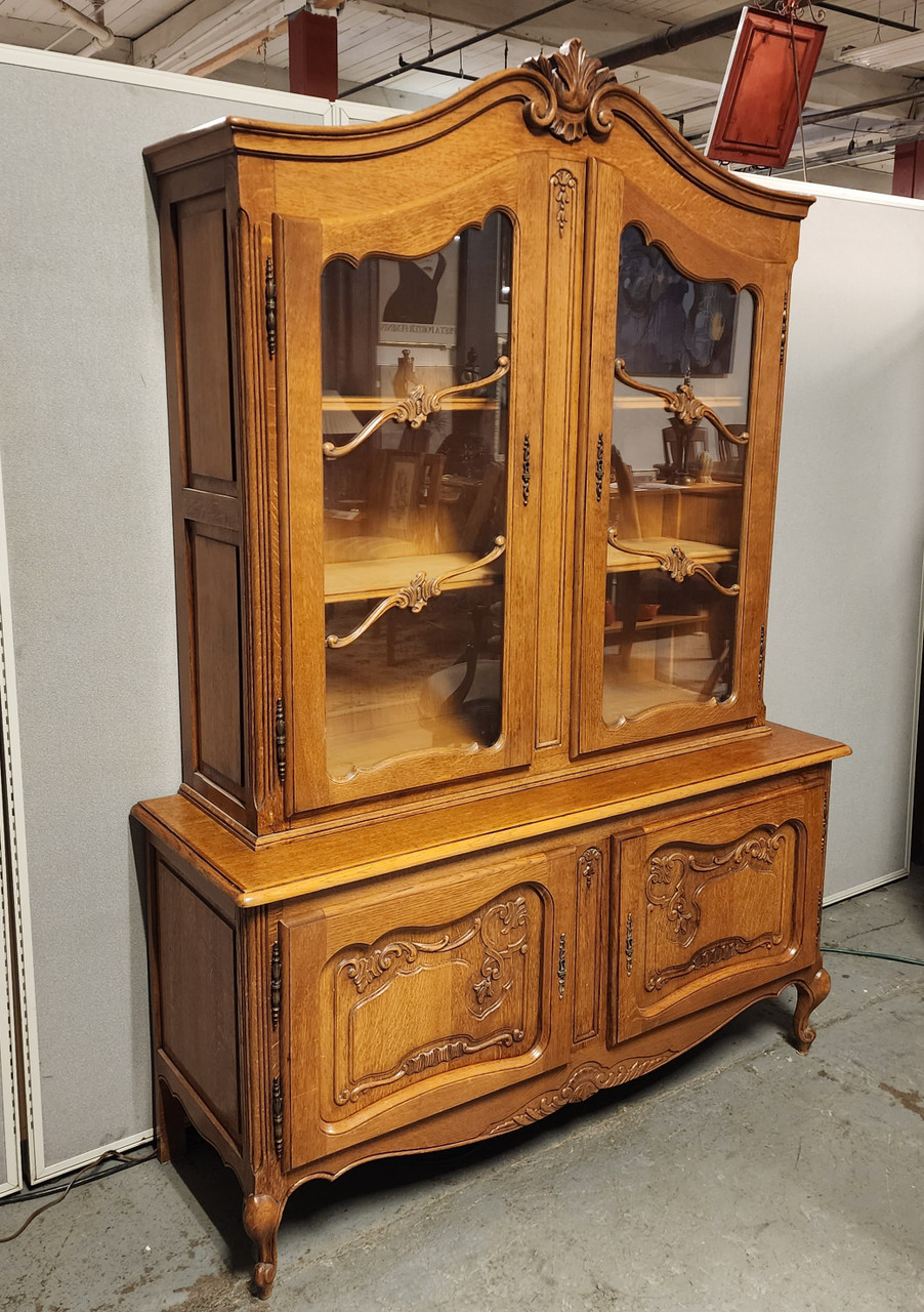 Vintage Carved Oak China Cabinet with Glass Doors - Industrial