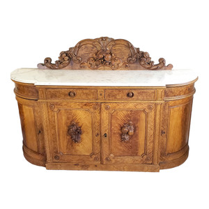Circa 1840 HAND CARVED CRESCENT-SHAPED BUFFET, MARBLE TOP Circa 1840 HAND CARVED CRESCENT-SHAPED BUFFET, MARBLE TOP