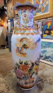 42 inch Chinese porcelain vase, hand painted, gilded detail, oversized statement piece