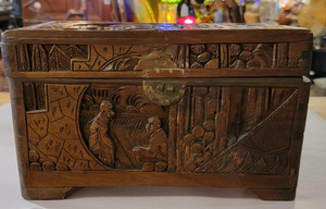 Antique Carved Asian Camphor Wood Jewelry Box (8x12")