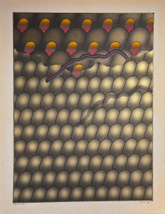 Carl Hayano Holy Mackerel 1978-1979 signed original oil and airbrush painting gold orange sphere grid geometric abstraction Industrial Treasures