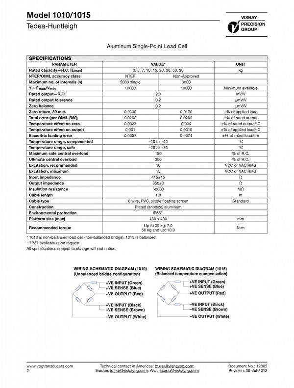 TEDEA HUNTLEIGH LOAD CELLS 1010-E-30
Manufacturer's Specifications