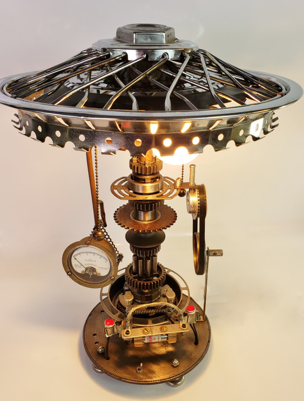 Steampunk Industrial Lamp, Wire Wheel Shade, Hand-made, Lots of fun details!!