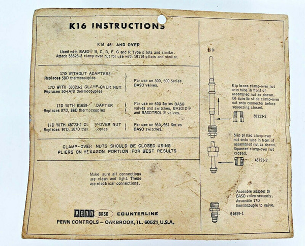 PENN BASO COUNTERLINE 60" K16T-060 Husky Universal Thermocouple, New, Free Ship!