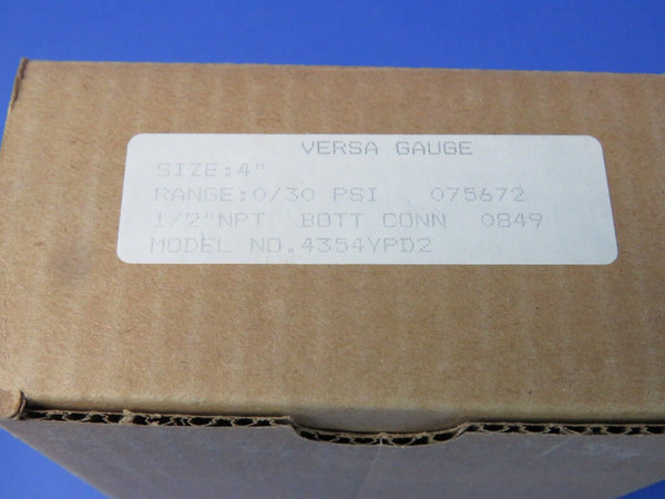 Versa Pressure Gauge 0-30 PSI 4" Block + Tube 4354YPD2 Bottom Connection, NEW!