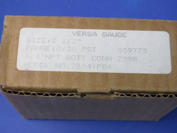 Versa Pressure Gauge 0-30 PSI 2.5" Dial 1/4" NPT Block + Tube ST 2354YPD4, NEW!