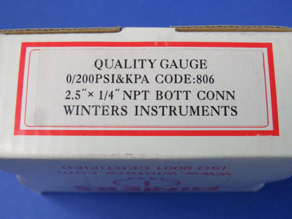 Winters Pressure Gauge Liquid Filled 0-200 PSI 2.5" x 1/4" NPT Bott Connect NEW!