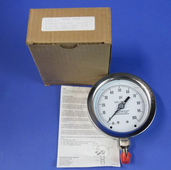 Versa Pressure Gauge 0-100 PSI 4" Block + Tube 4354YPF4 Bottom Connection, NEW!