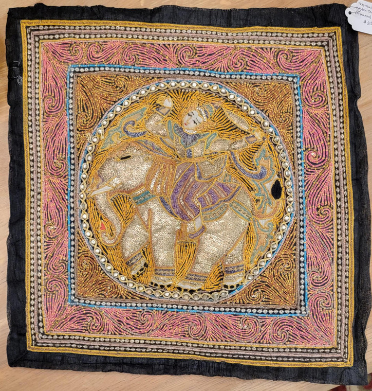 Traditional Burmese (Myanmar) Kalaga Tapestry - Elephant with Woman