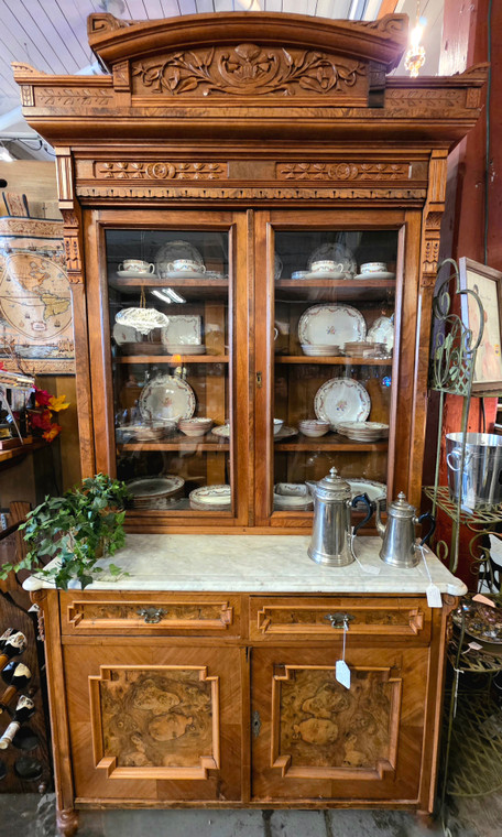 Antique Late Victorian Eastlake Walnut China Cabinet with Marble Top