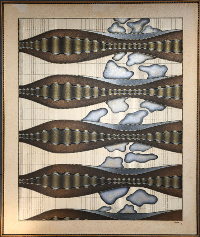 Carl Hayano Maguro 1977 original oil and airbrush painting geometric abstraction earth tones bronze gold Industrial Treasures