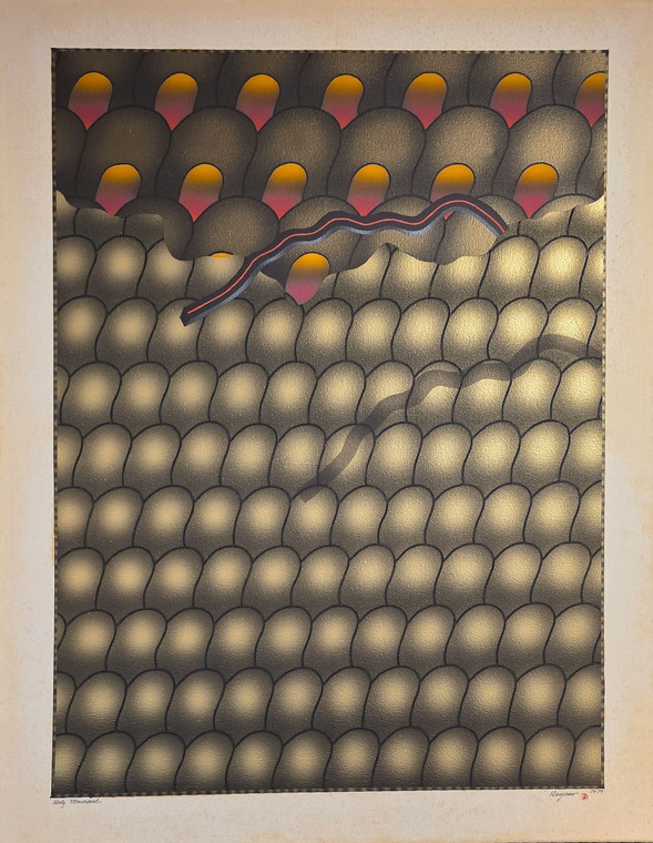 Carl Hayano Holy Mackerel 1978-1979 signed original oil and airbrush painting gold orange sphere grid geometric abstraction Industrial Treasures