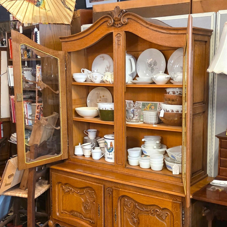 Vintage Carved Oak China Cabinet with Glass Doors - Industrial