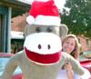 American Made Giant Sock Monkey Dressed for Christmas 6 Feet Tall wearing Santa Hat Stuffed Soft Made in the USA
