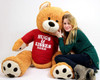 Big Plush Giant Valentine Teddy Bear Five Feet Tall Honey Brown Color Wears Tshirt that says HUGS AND KISSES XOXO