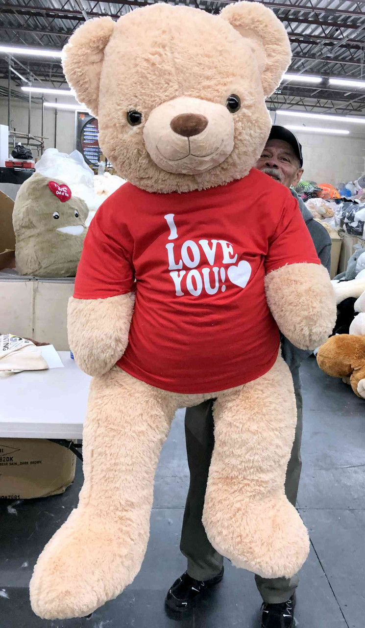 Ours en peluche géant de 1,8 m portant un t-shirt Je t'aime pour la  Saint-Valentin, ours en peluche de 1,8 m beige doux surdimensionné.