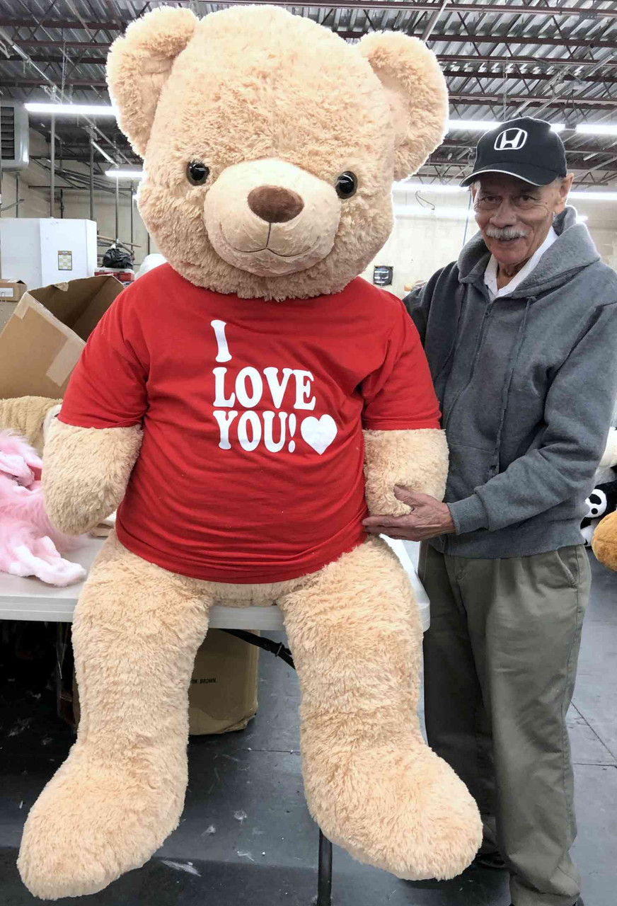 Ours en peluche géant de 1,8 m portant un t-shirt Je t'aime pour la  Saint-Valentin, ours en peluche de 1,8 m beige doux surdimensionné.
