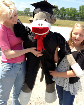 American Made Giant Graduation Sock Monkey Four and One Half Feet Tall Wearing Graduation Cap and Gown Made in the USA