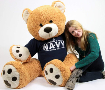 United States Navy Big Plush Giant Teddy Bear Five Feet Tall Honey Brown Color Wears Tshirt that says SOMEONE IN THE NAVY LOVES YOU