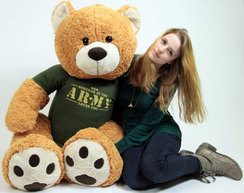 United States Army Big Plush Giant Teddy Bear Five Feet Tall Honey Brown Color Wears Tshirt that says SOMEONE IN THE ARMY LOVES YOU