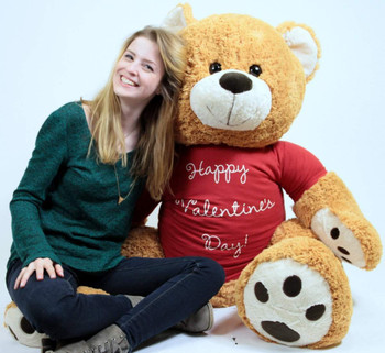 Big Plush Giant Valentine Teddy Bear Five Feet Tall Honey Brown Color Wears Tshirt that says HAPPY VALENTINES DAY