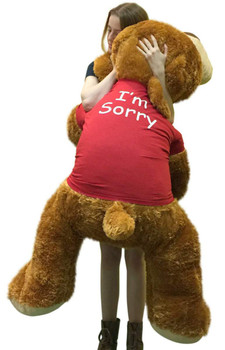 Say I'm Sorry with Giant Stuffed Puppy Dog 5 Feet Long Honey Brown Soft Wears T shirt that says I'M SORRY