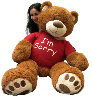5 Foot Giant Teddy Bear 60 Inches Soft Cinnamon Brown Color Wears I'M SORRY T-shirt