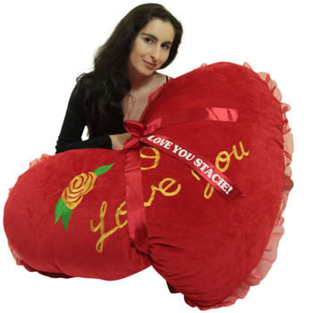 Personalized Extra Large Heart Pillow 42 Inches Soft Embroidered Rose I Love You