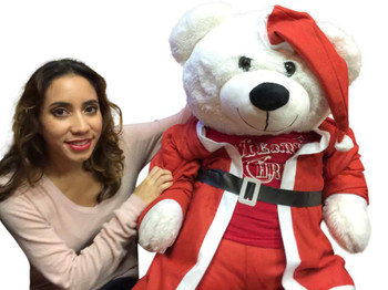 52-inch White Teddy Bear Wears Santa Suit and Santa Hat and Red Tshirt that says Merry Christmas