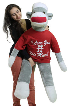 Big Plush Giant Valentine Sock Monkey 54 Inches Soft, Wears Removable T-shirt I LOVE YOU THIS MUCH