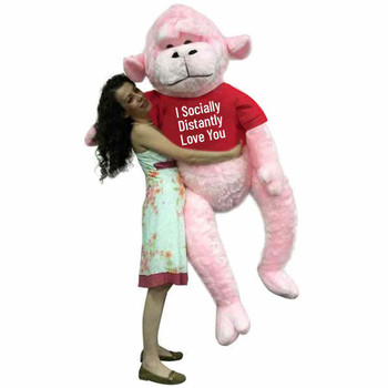 send this social distancing gift of love to someone special. It is a huge, soft and adorable pink color stuffed gorilla that just happens to be wearing a removable tshirt that reads: I Socially Distantly LOVE You.