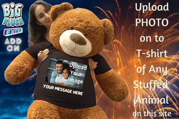 Upload your photo to have it printed on a t-shirt and dressed on to any Big Plush stuffed animal available on this site. This is an add on service. The t-shirt can be removed without damaging the stuffed animal.