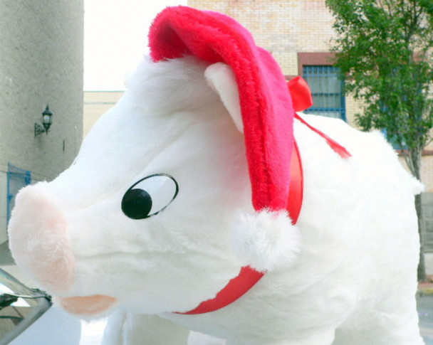 American Made Big Stuffed Pig Extra Large 27 Inches 69 cm Soft White Color wears Christmas Santa Hat Made in the USA